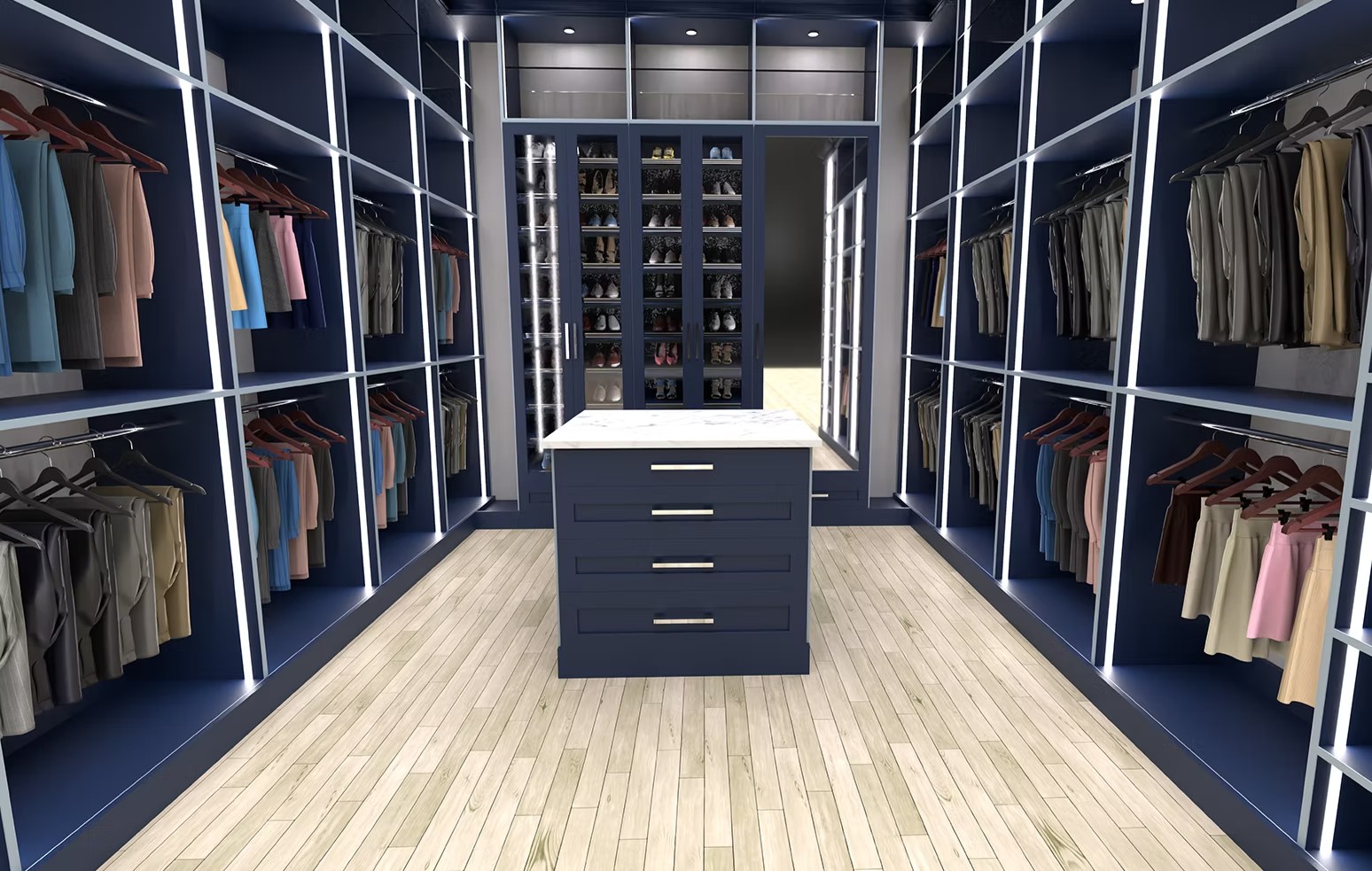 3D rendering of a navy walk-in closet with lit shelving, shoe cabinet and island