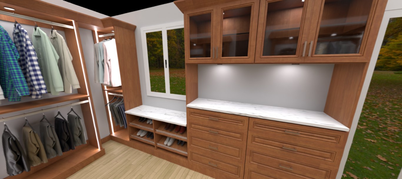 3D rendering with lit rails, glass cabinets and marble counter